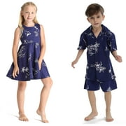 Matching Boy and Girl Siblings Hawaiian Luau Outfits Classic Map Flamingo
