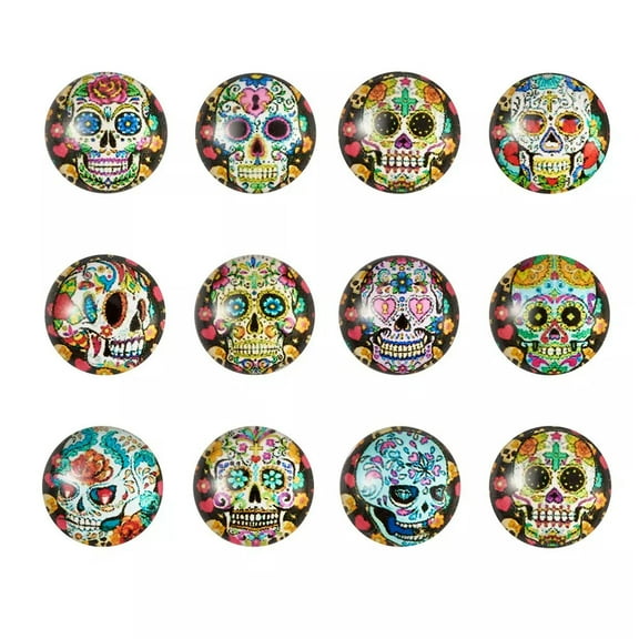 U8MO 20pcs Calavera Sugar Skull Flat Back Glass Cabochons Dome Half Round Craft 12mm