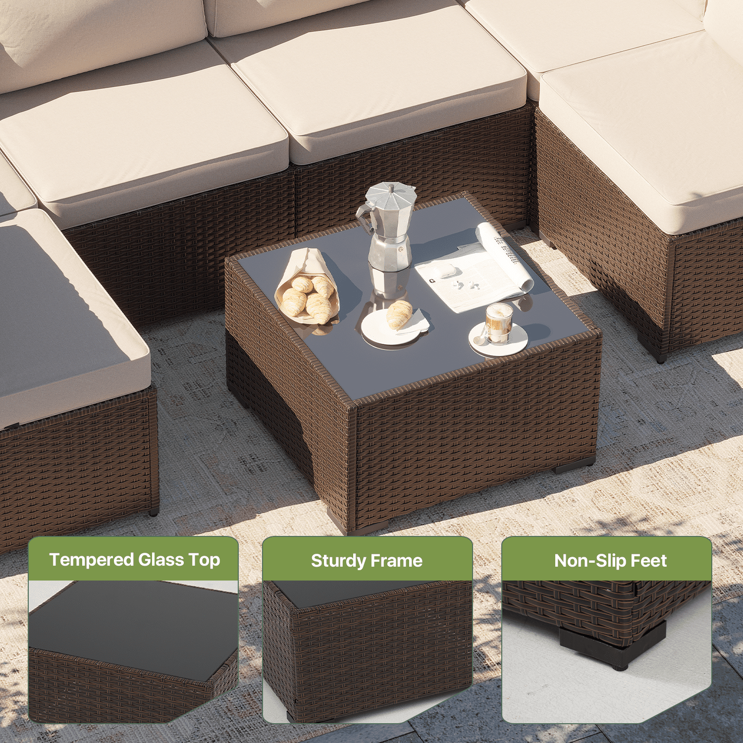 BaPiPro 7-Piece Modular All-Weather Patio Furniture Set, Brown Rattan Wicker Outdoor Sectional Sofa with Thickened Beige Cushions & Tempered Glass Coffee Table for Backyard Porch Deck Balcony