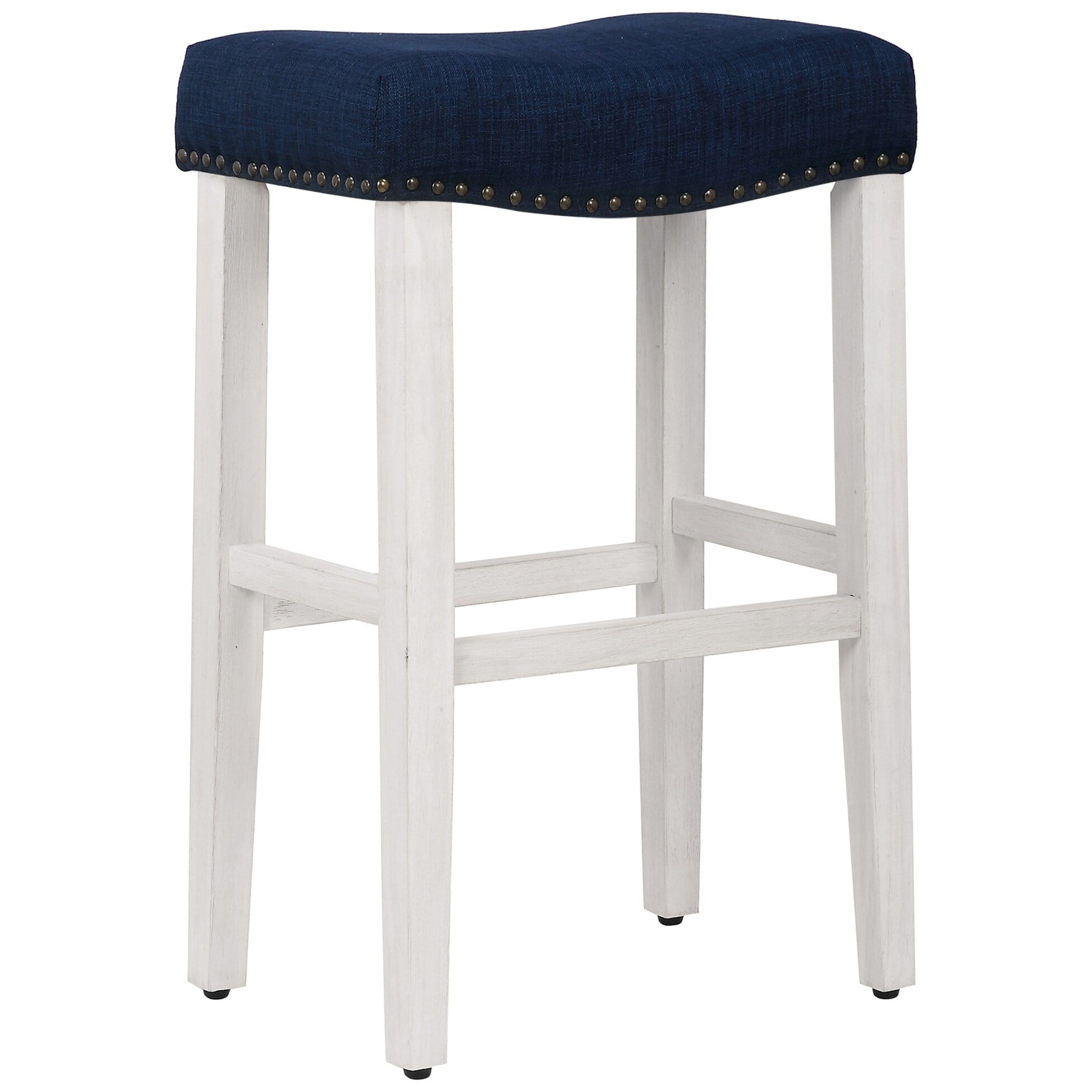 Polytrends Jameson Upholstered Polyester 29" Bar Stool with White Legs - (Set of 2) Antique White/Navy Blue