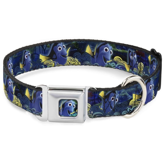 Disney Pet Collar, Dog Collar Metal Seatbelt Buckle, Dory Poses Swirls Blues Yellows, 9.5 to 13 Inches 1.0 Inch Wide