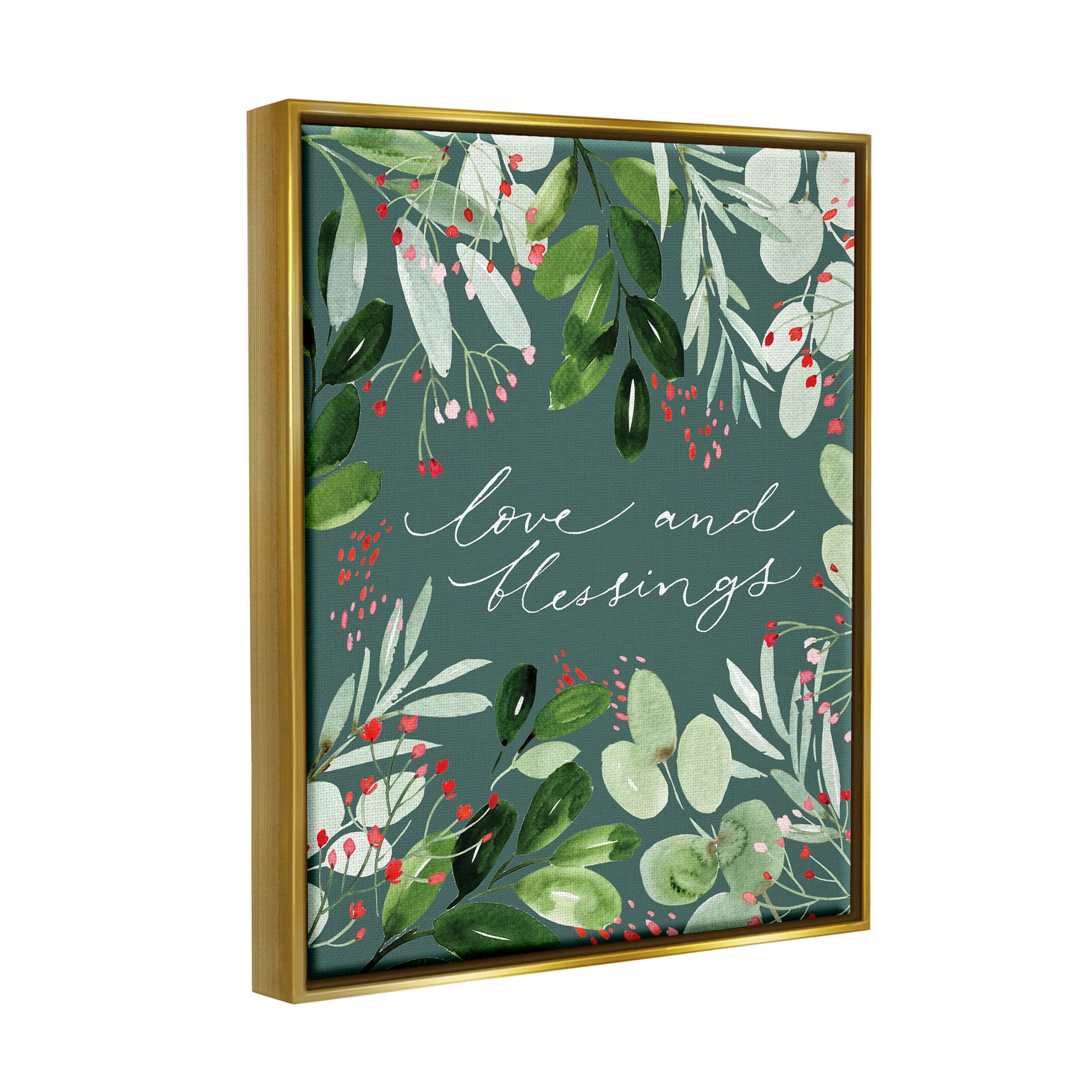Love & Blessings Green Floral Leaves Holiday Graphic Art Metallic Gold Framed Art Print Wall Art