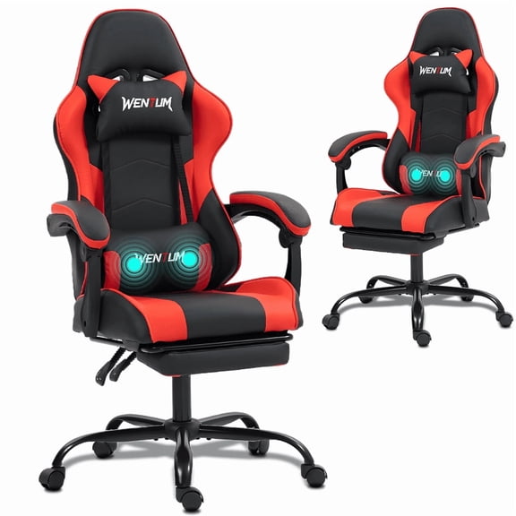 DELMANGO Ergonomic Reclining Gaming Chair with Linkage Armrests & Footrest, Racing Style Office Chair, PU Leather Computer Desk Chair, Red