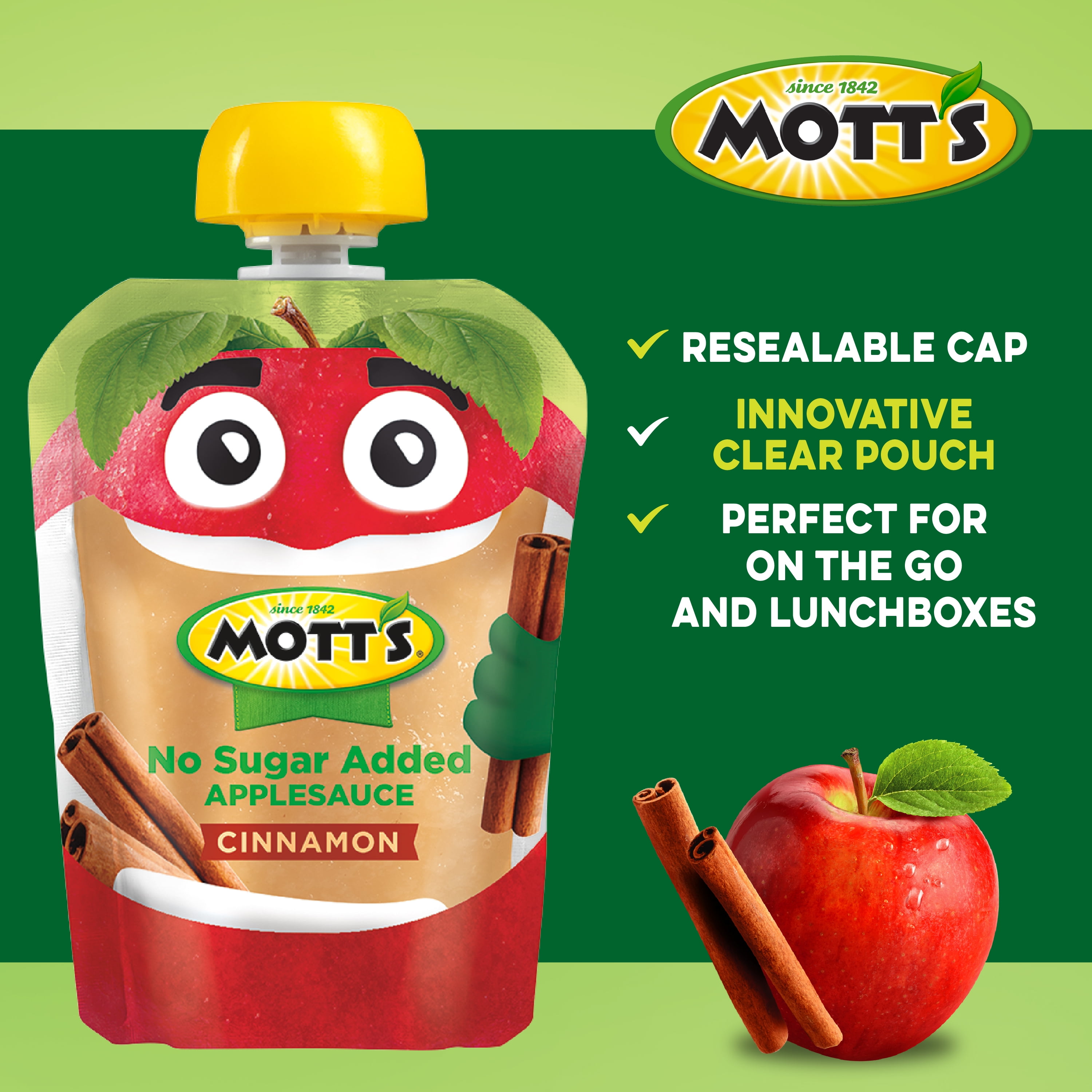 Mott's No Sugar Added Cinnamon Applesauce, 3.2 oz, 48 Count Clear Pouches (4 Packs of 12)
