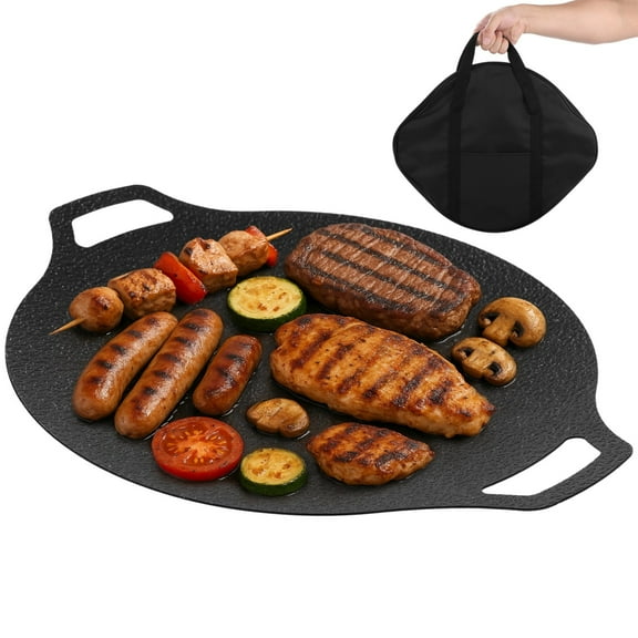 Korean Grill Pan with Bag, 13.2" Round Non-Stick Iron Grill Plate, Portable Indoor Outdoor Grilling Tray with Handles, Compatible with Gas Stove, Induction Cooker, Electric Cooktop