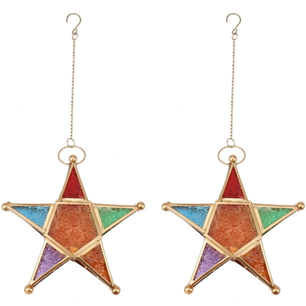2X Candelero Luz de Té de Estrella de Vidrio Multicolor Linterna Iluminación Colgante Decoración