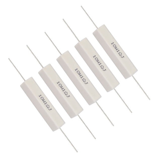resistencia de cemento kit de resistencias de 10 w de potencia, paquete de 10 con material cerámico, gran disipacia de calor por impacto, ideal para equipos de audio — Vista frontal 3/4 de varias resistencias de potencia cerámicas blancas con cuerpo rectangular y patas de hilo en ambos extremos, marcas impresas visibles y textura cerámica; sobre fondo blanco, usadas en equipos de audio y cruces de frecuencias y aptas para proyectos de reparación electrónica.