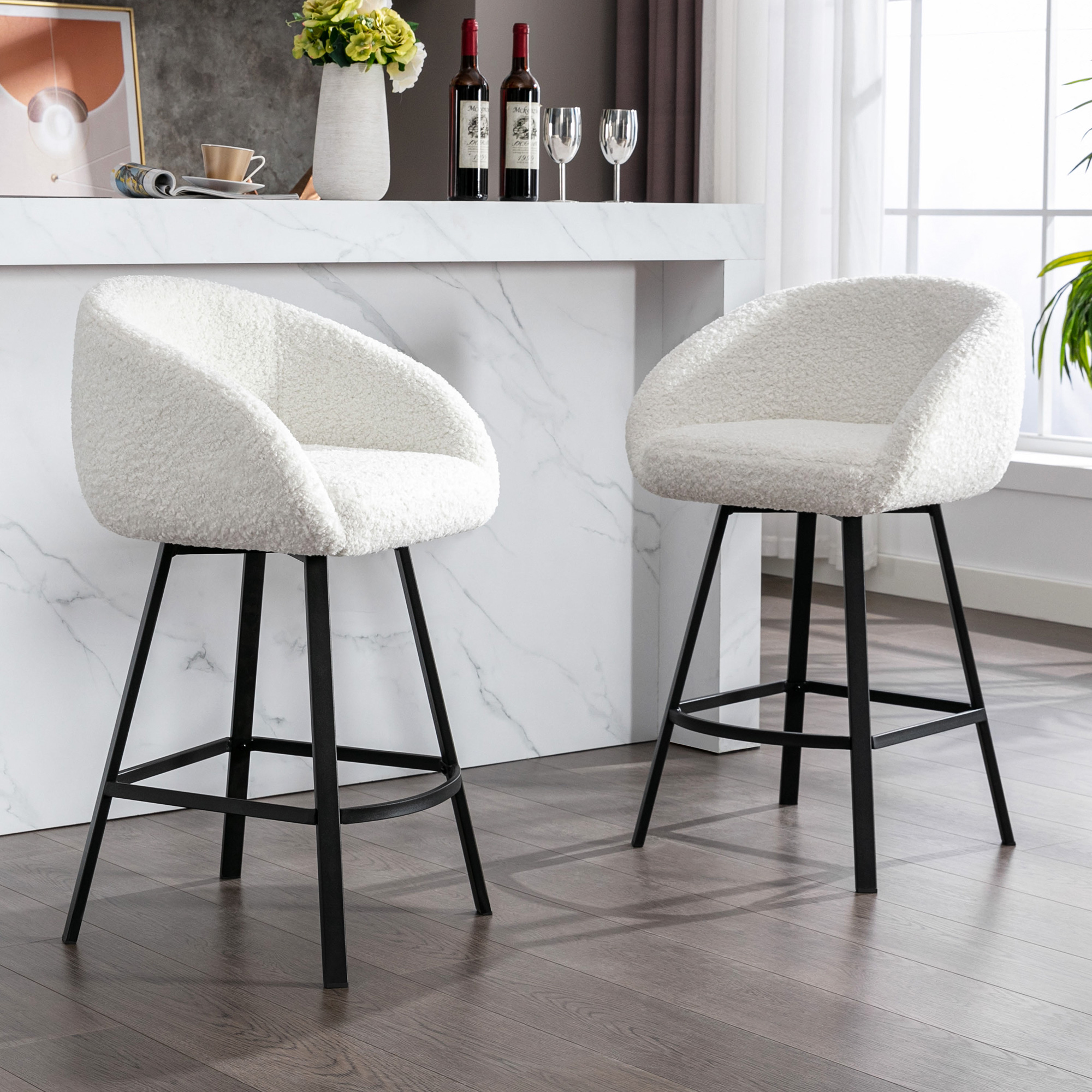 ONEVOG 360° Swivel Sherpa Upholstered Counter Height Bar Stools with ...