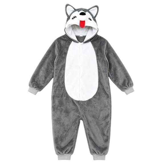 GiLiling Animal Hooded Charactertume for Kids Boys and Girls Flannel Onesie Halloween Character One Piece Husky Clothes (Grey, 5-6 Years)