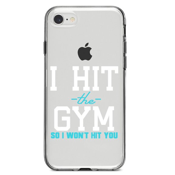 DistinctInk Clear Shockproof Hybrid Case for iPhone 7 8 SE (2020 Model) 4.7" Screen TPU Bumper Acrylic Back Tempered Glass Screen Protector - I Hit the Gym So I Won't Hit You