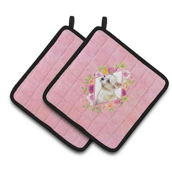 Chihuahua #2 Pink Flowers Pair of Pot Holders
