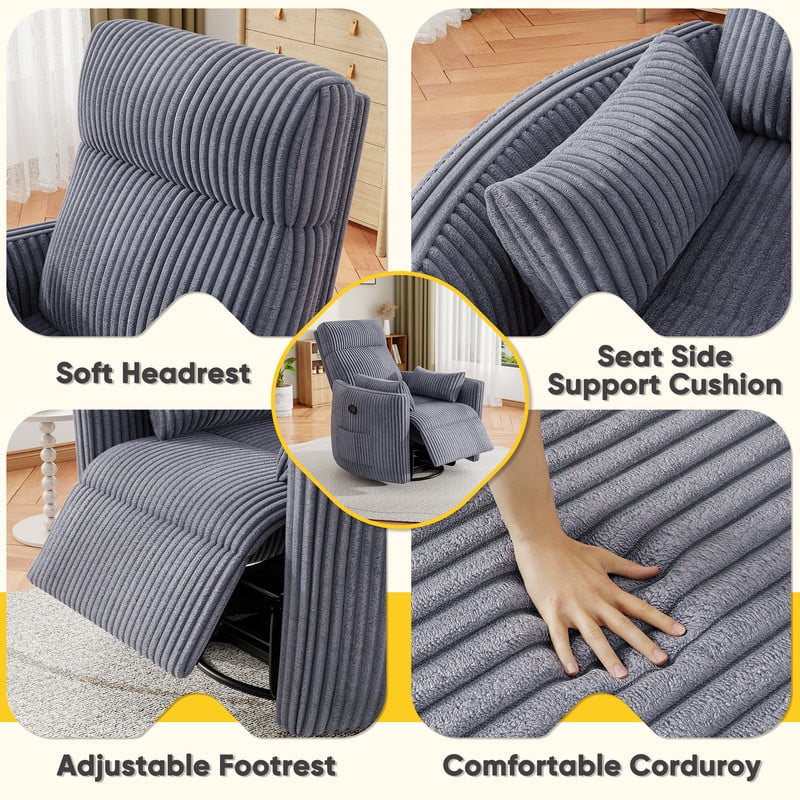 Homall 360° Power Swivel Recliner High Back Adult Rocker Recliner Chair with 2 Pillows for Nursing Expectant Mothers,Corduroy Gray