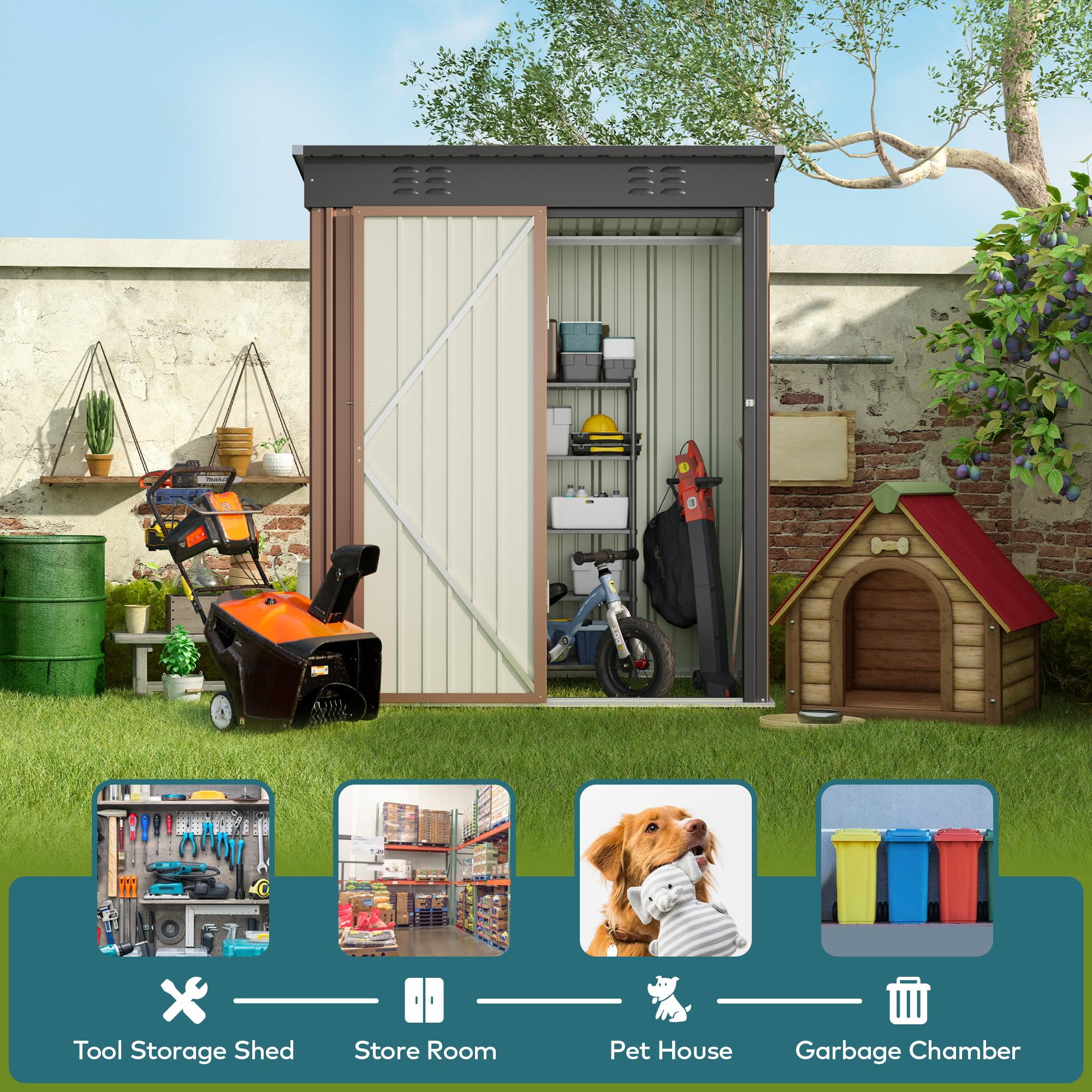 5x3 FT Storage Sheds, Metal Storage Garden Shed with Door & Lock for Patio Storage, Brown