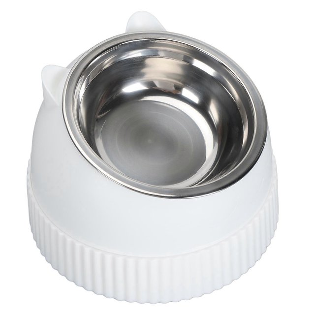 Raised Cat Bowl 15° Tilted Anti Slip Plastic Slower Feeder Cat Food Dual Bowls for Cats and Puppy White