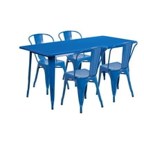 Flash Furniture Darcy Commercial Grade 31.5" x 63" Rectangular Blue Metal Indoor-Outdoor Table Set with 4 Stack Chairs