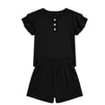 thumbnail image 4 of LIIPEE Girls Outfit Sets Casual Summer Solid Color Crew Neck Ruffle Short Sleeve Buttons T Shirt Pockets Shorts 2 Piece Set Kids Comfortable Breathable Soft Cute Daily Clothing,Black,9-10 Years, 4 of 4