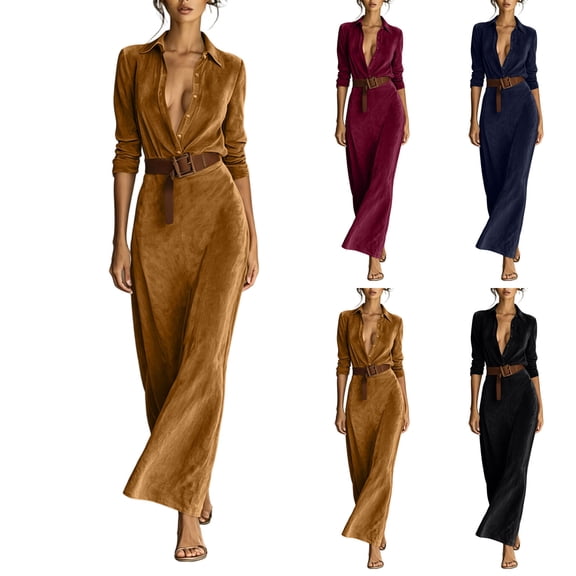 Purcolt Women's Elegant Maxi Dresses Dressy Casual Half Button Collared V Neck Long Sleeve Shirt Dresses Comfort Loose Fit Business Work Office Dresses