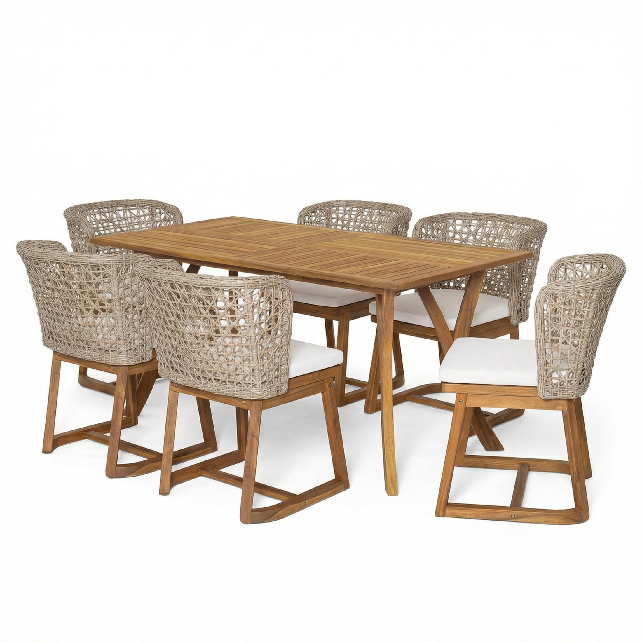 Christopher Knight Home 7-Piece Outdoor Dining Set, 59" Teak Wood Table with Wicker Chairs and Beige Cushions
