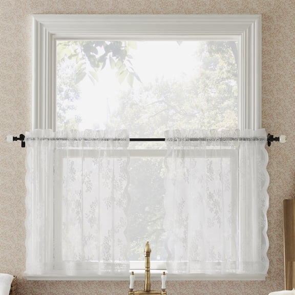 No. 918 Lillemor 2-pack Vintage Floral Lace Sheer Rod Pocket Kitchen Curtains, 25"W x 24"L (2 Panels)