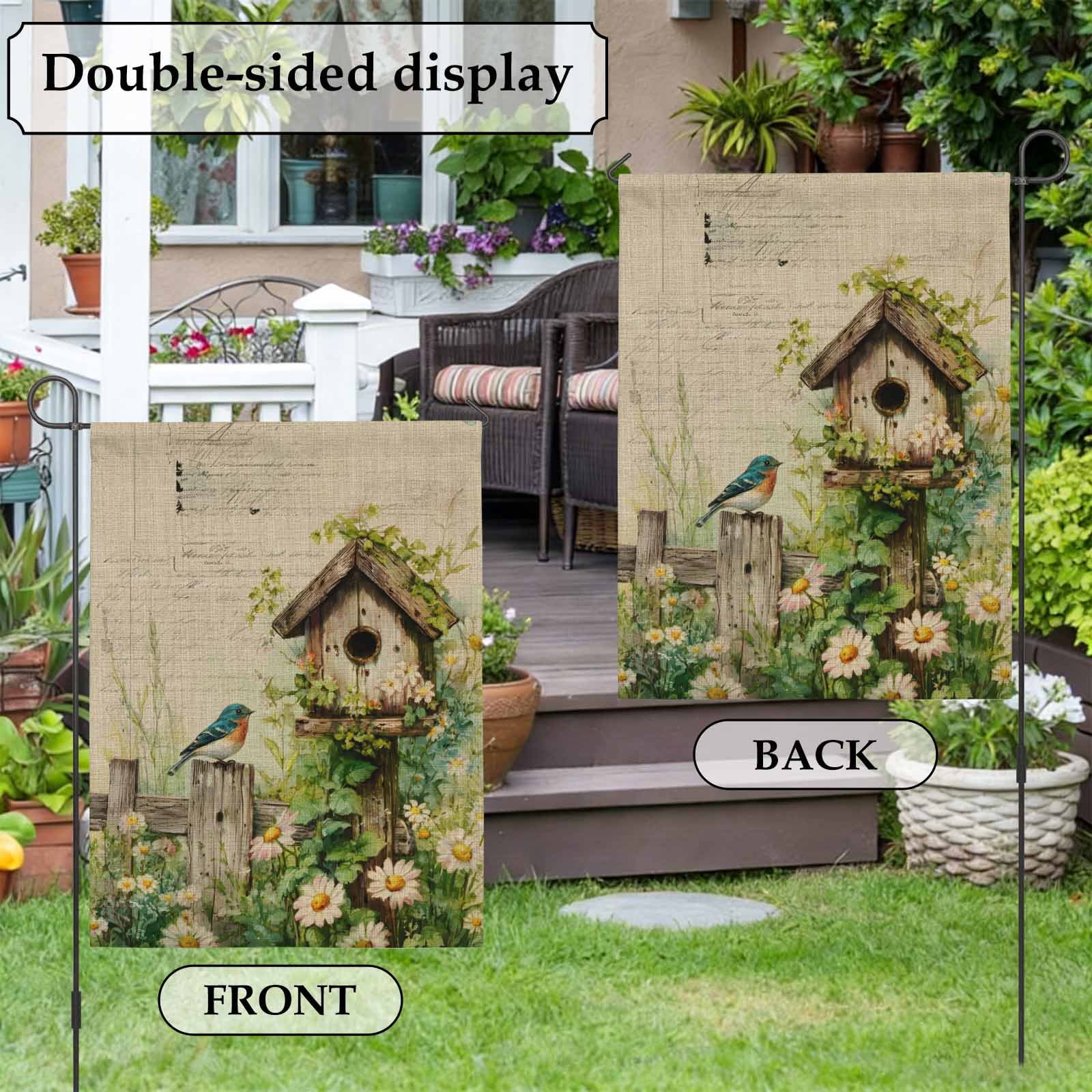 Spring Florals House Flag 28 x 40 Inches, Vintage Bird House Fence White Daisy Leaf Linen Texture Weather Proof Outdoor Patio Flags Double Sided Small House Decoration for Yard Lawn Outside Home