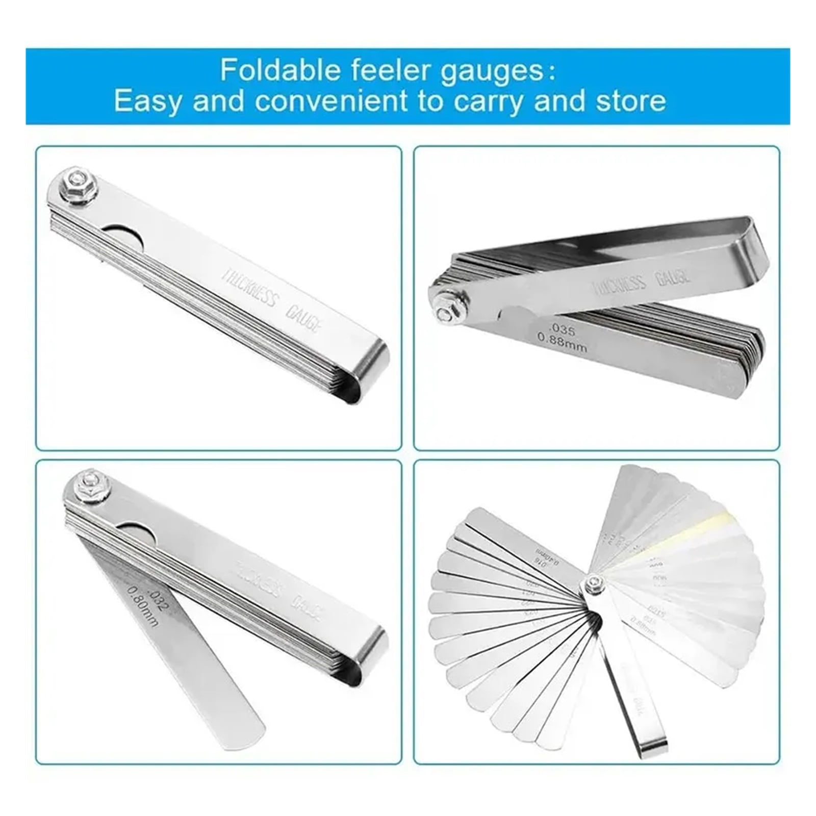 New 32 Blades Feeler Gauge Accuracy 0.04-0.88mm Thickness Gap Gauges Stainless Steel Feeler Metric English units Gap Measuring Tool ,Corrosion-Resistant