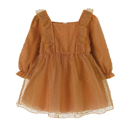 

12 Months Baby Girls Dress 24 Months Girls Long Sleeve Dress Square Neck Toddler Girls Tulle Dress Solid Color Brown Dress