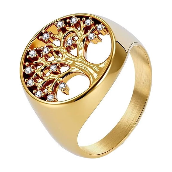 HIJONES Women Men's Tree of Life Cubic Zirconia Stainless Steel Ring Vintage Personalized Jewelry Gold Size 7