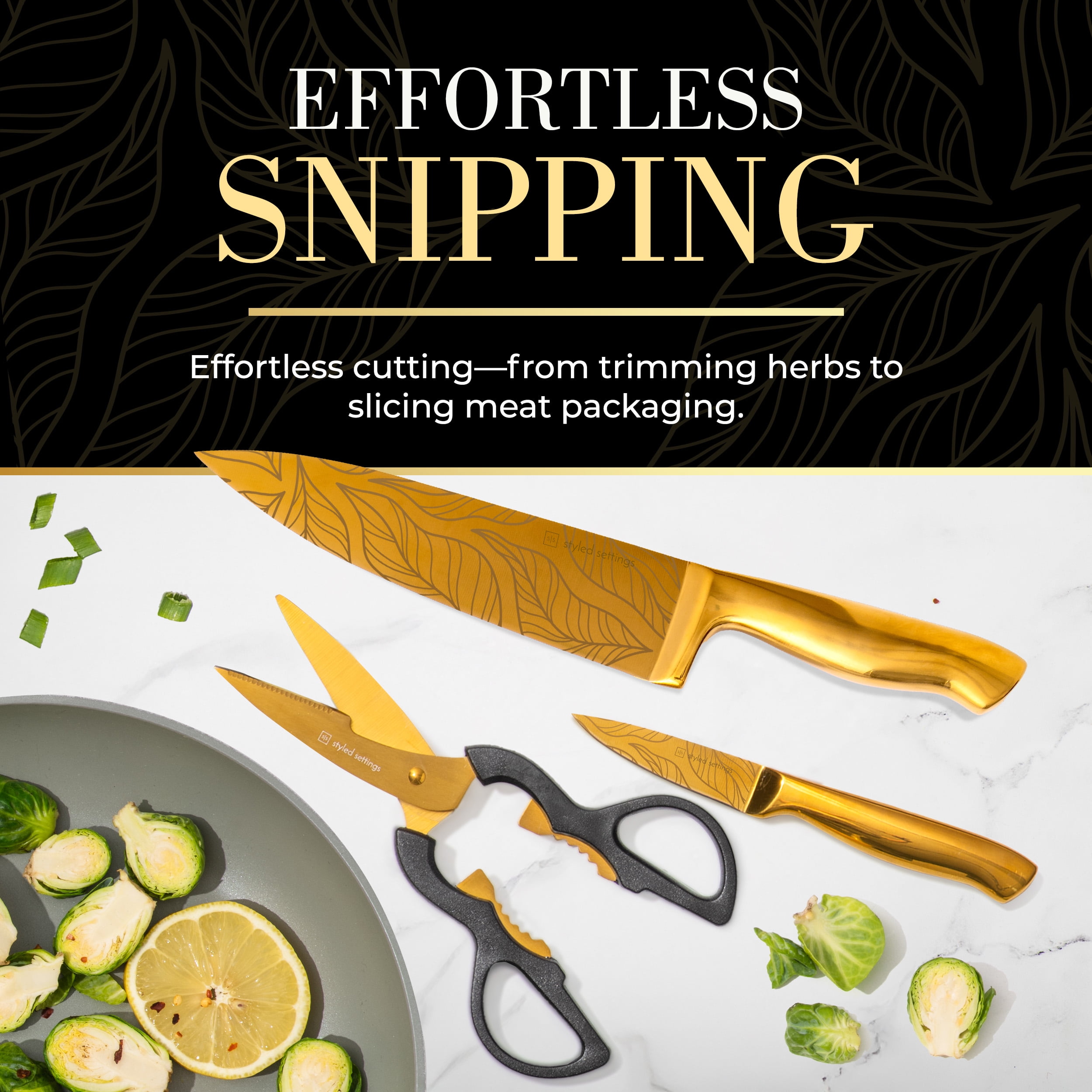 Styled Settings 14-Piece Gold Knife Set with Block and Built-In Sharpener, Titanium-Coated Blades with Leaves Pattern, Black Block