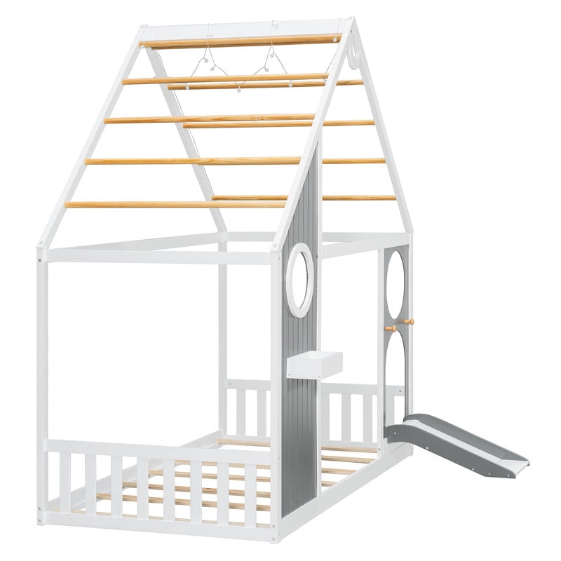 Twin Size Kids House Bed with Small Slide, Wooden Playhouse Floor Design Platform Bed Frame with Light Strip & Storage Shelf