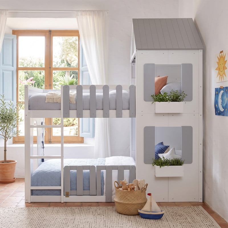 Full over Full House-Shaped Bunk Bed with Roof and Window, Kids/Teens Playful Designed Bed Frame with Fence and LED Light