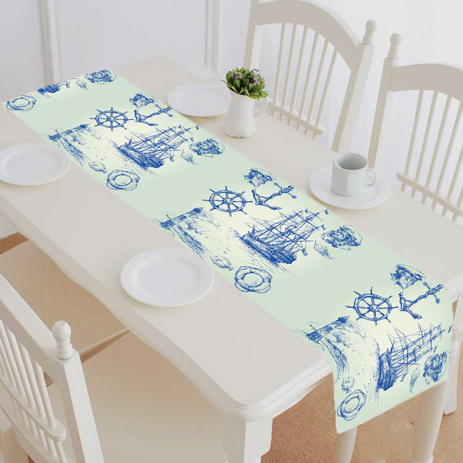 PKQWTM Nautical Set Cotton and Linen Table Runner Kitchen Dining Room