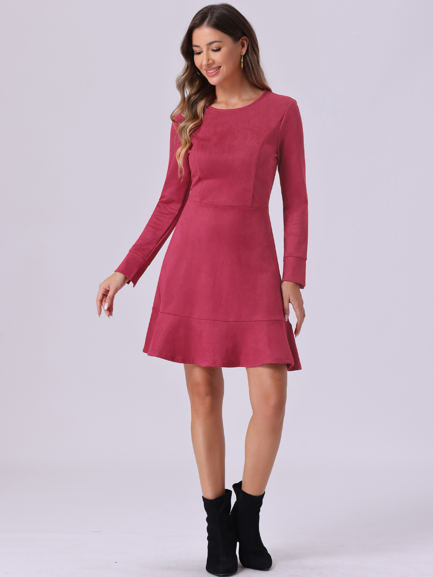 DARING DIVA Women's Faux Suede Ruffle Hem Long Sleeve Mini Dresses L Burgundy