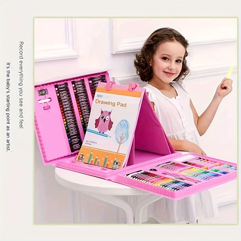 Kids Art Set 208 Pcs Multicolor Drawing Kit with Trifold Easel Perfect Art Supplies for Kids 4-8 Pink Arts Crafts for School