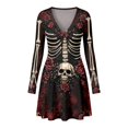 thumbnail image 4 of Xijirk Women Halloween Skull Skeleton Rose Print Dress with V Neck Long Flare Sleeve Fit and Flare Mini Dress for Witch Cosplay Halloween Party, 4 of 4