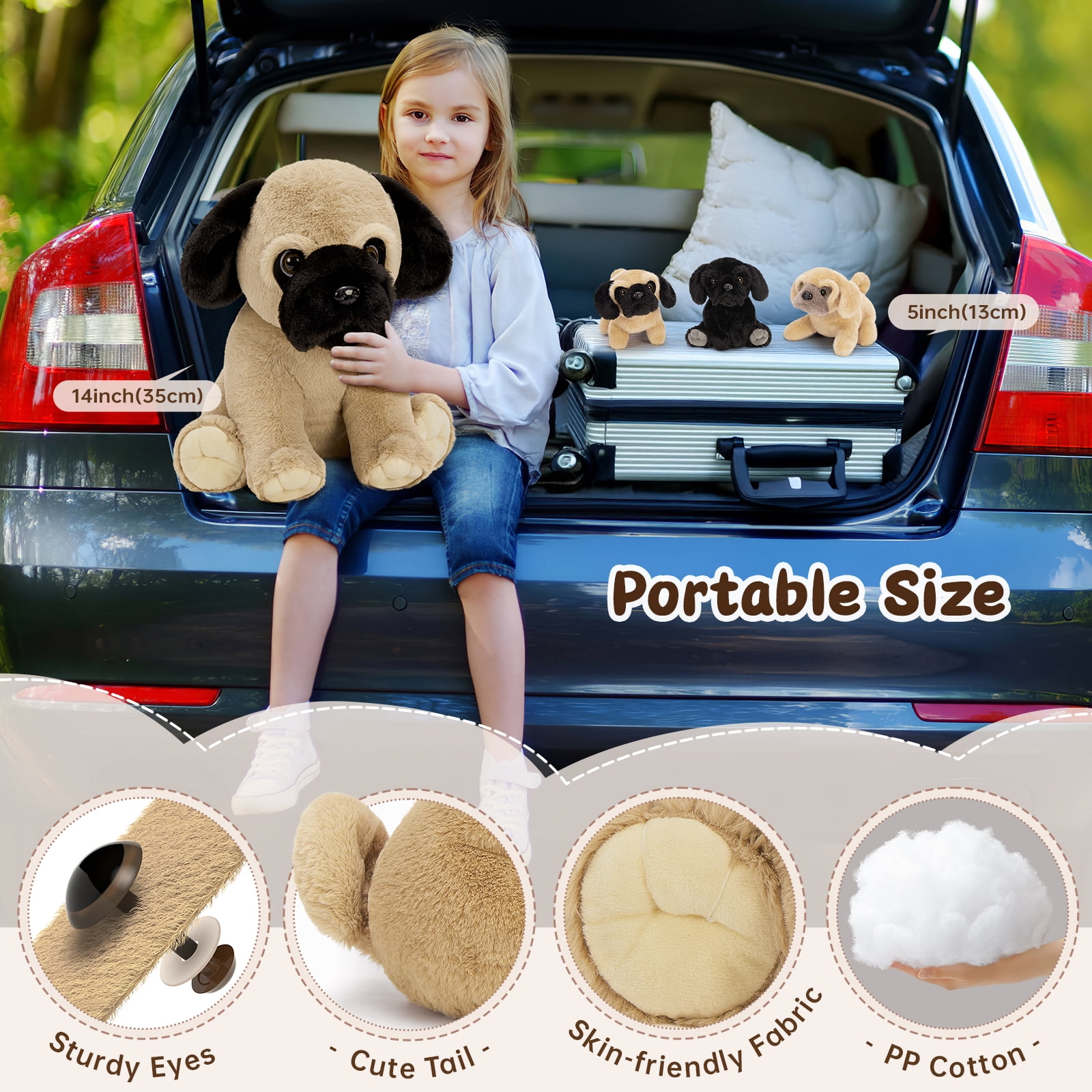 Muiteiur 4Pcs Pug Dog Stuffed Animal 14'' Dog Plush with 3 Puppies Plush Toy
