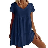 Babysbule Dresses Plus Size Fire Outfit Women's Summer Casual V-Neck Short Sleeve Folding Solid Dresses