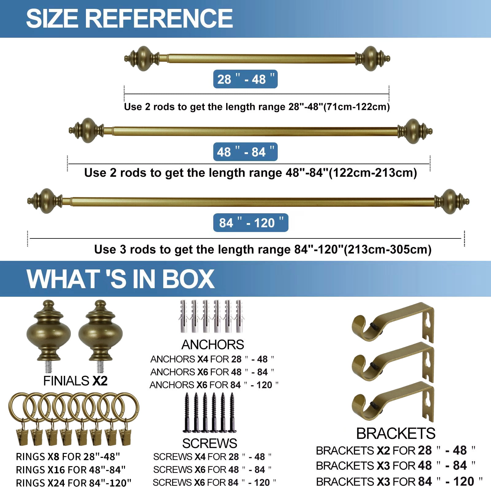 Urbanest Round Urn Single Curtain Rod Set, 5/8", 84"-120", Antique Gold