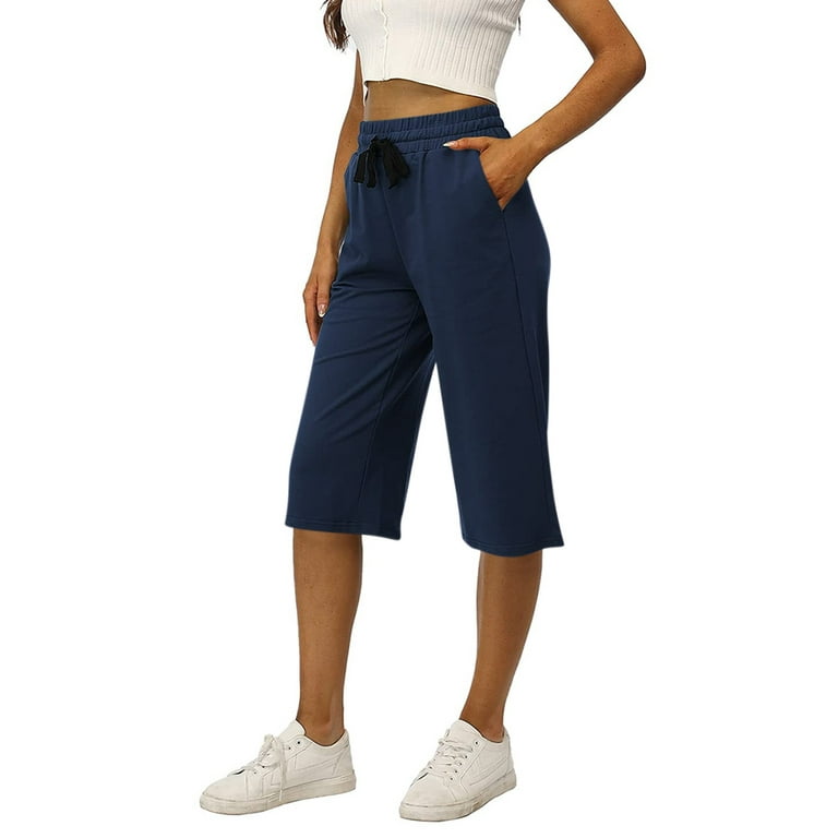 Ovticza Womens Gaucho Low Waist Petite Pull on Capris Lightweight Gym  Drawstring Crop Pants Loose Athletic Capri Pants Blue S