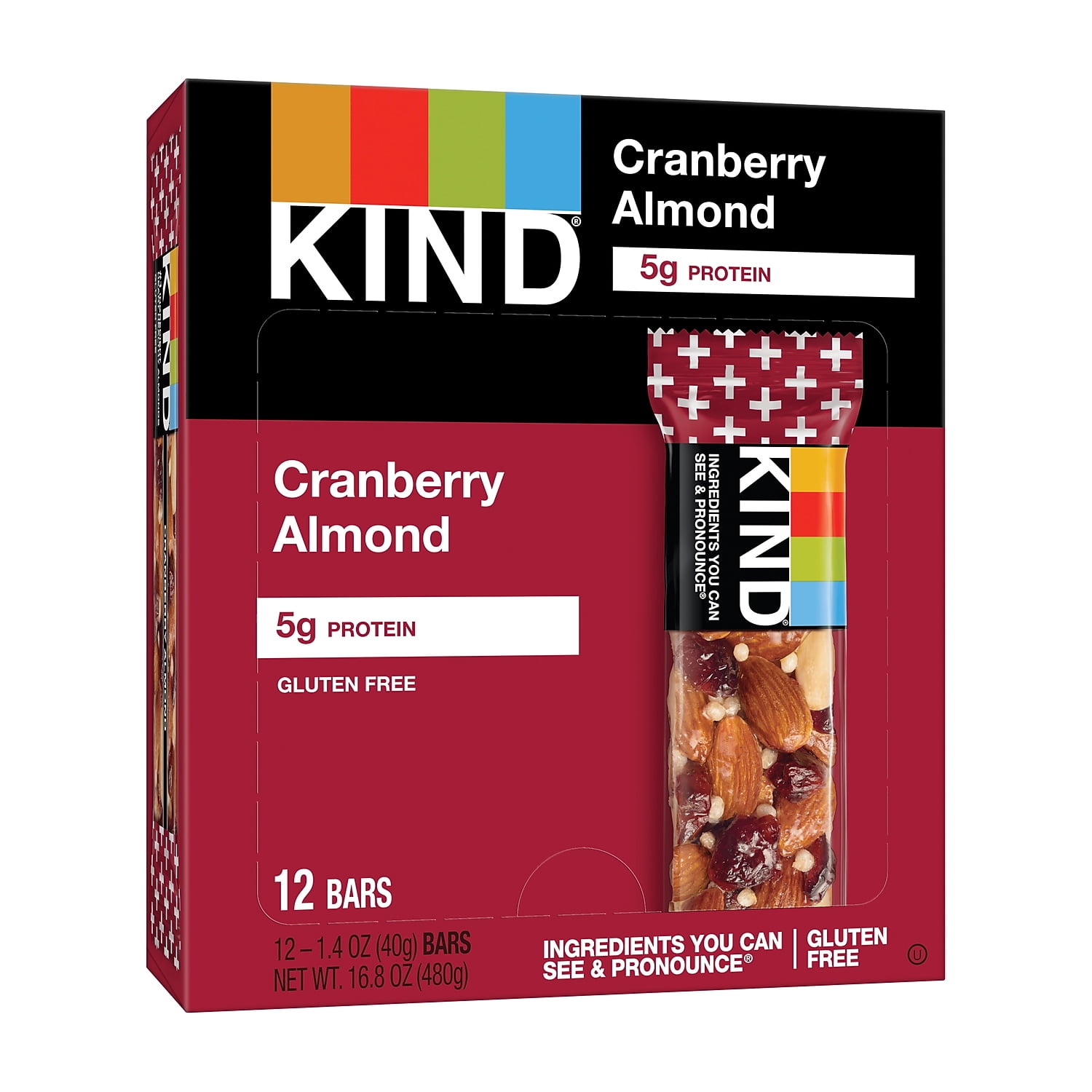 KIND Bars, Cranberry Almond + Antioxidants with Macadamia Nuts, Gluten Free, Low Sugar, 1.4oz, 12 Count