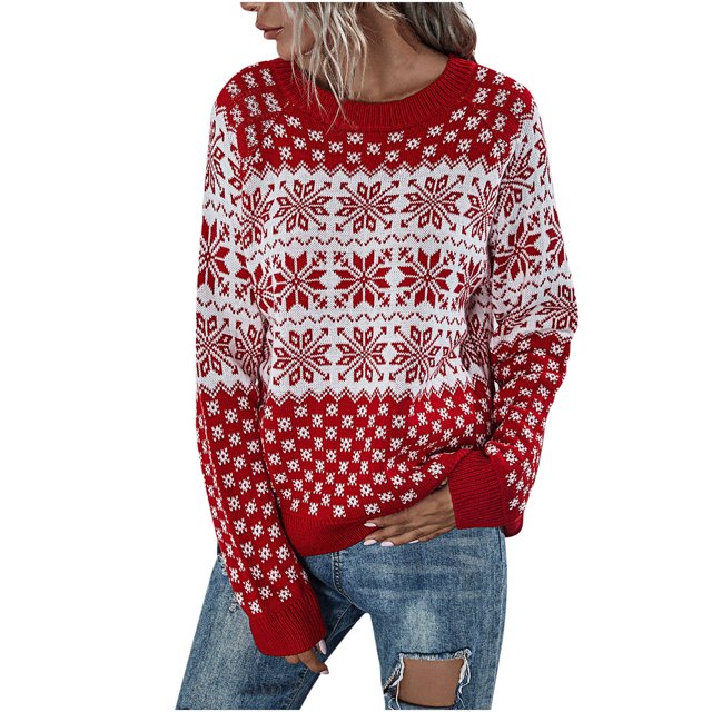 Suéteres de Navidad Para Mujer, Suéter de Moda, Manga Larga, Cuello Redondo, Tendencia Suelta, Tops, Blusa de Copo de Nieve, Suéter de Punto Odeerbi ODB196934