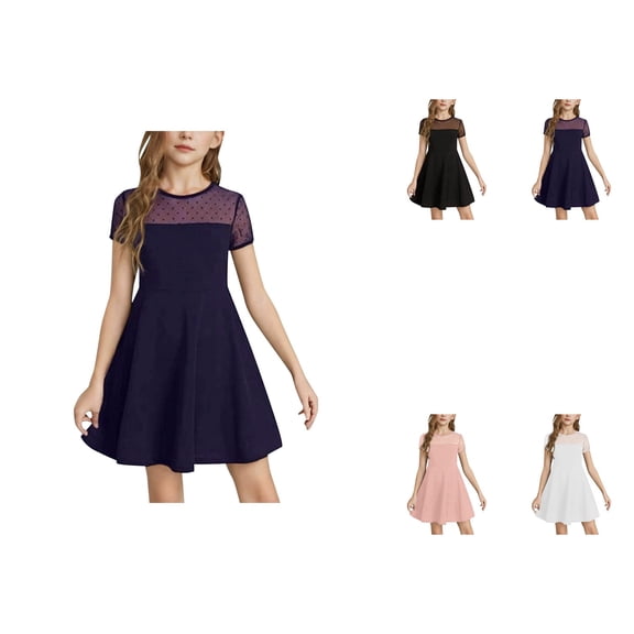 Girls Solid Color Short Sleeve High Waist Flared A-Line Summer Dress with Contrast Mesh Stitching