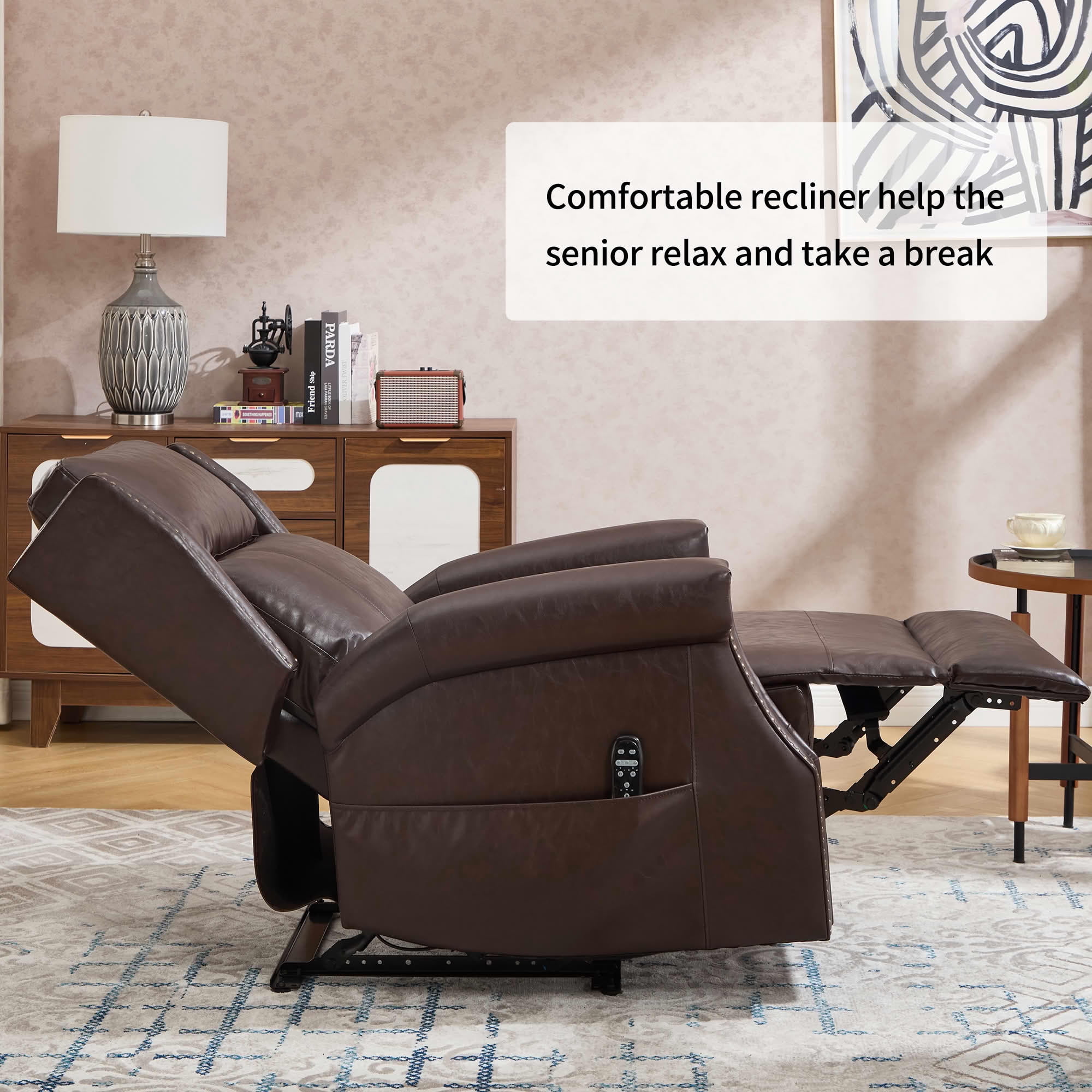 MAYEERTY Antique Brown Faux Leather Manual Recliner Chair, 8 Nodes Massage Heat 155° 35"x38"x40" for Living Room
