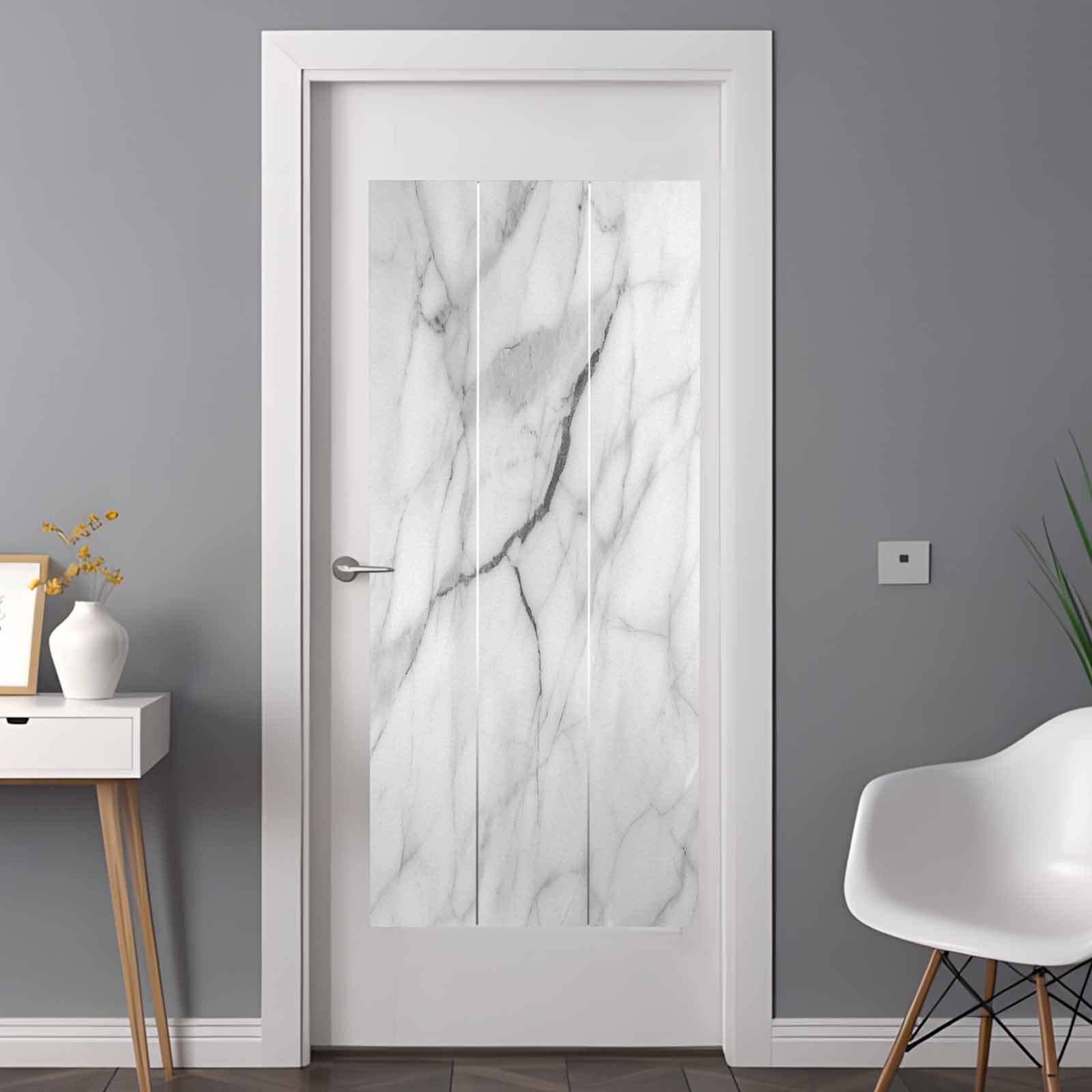 White Marble Window Privacy Film, Modern Geometric Abstract Minimalist Crack Static Cling UV Sun Blocking Heat Control Window Tint, Non-Adhesive One Way Windows Privacy Cover 35.4''x78.7''