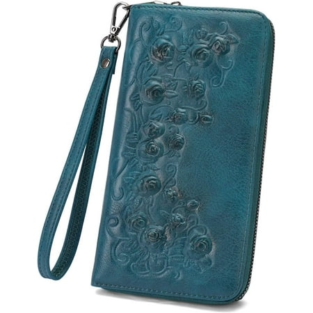 Womens Wallet Large Capacity Phone Clutch Purse Floral Embossed Vegan Leather Travel Wallet with Wristlet Peacock Blue