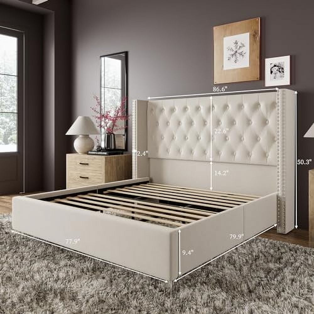 VanAcc King Bed Frame Upholstered Bed Wingback Headboard Velvet Tufted Diamond Button/No Box Spring Needed/Easy Assembly/Cream