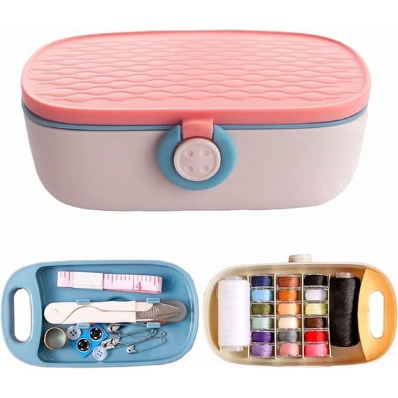 Sewing Kit, Portable Kit for Adults, Plastic Box Needle and Thread Accesories Supplies Pink 15.5x6cm