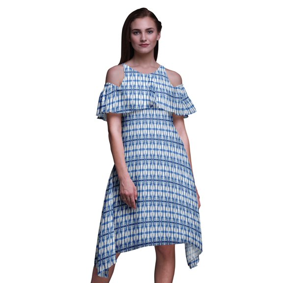 Bimba Tie-Dye Print Flutter Sleeve Women’s Party Tunic Cold Shoulder Midi Dress-Large