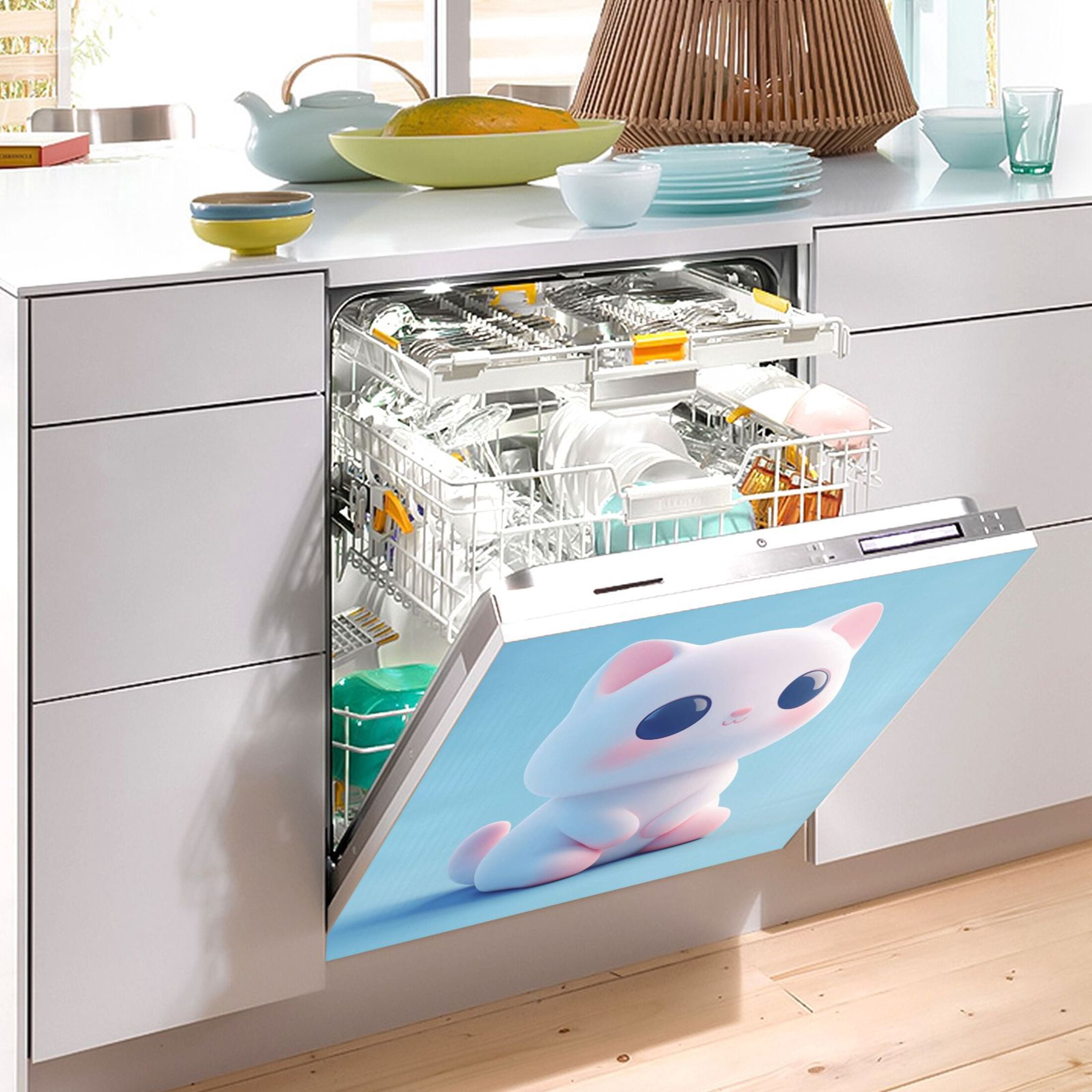 Dishwasher Magnetic Sticker 23x26 Inch Refrigerator Magnetic Sticker Washing Machine Magnetic Sticker Kitchen Panel Magnetic Sticker Home Decor Little White Cartoon Cat