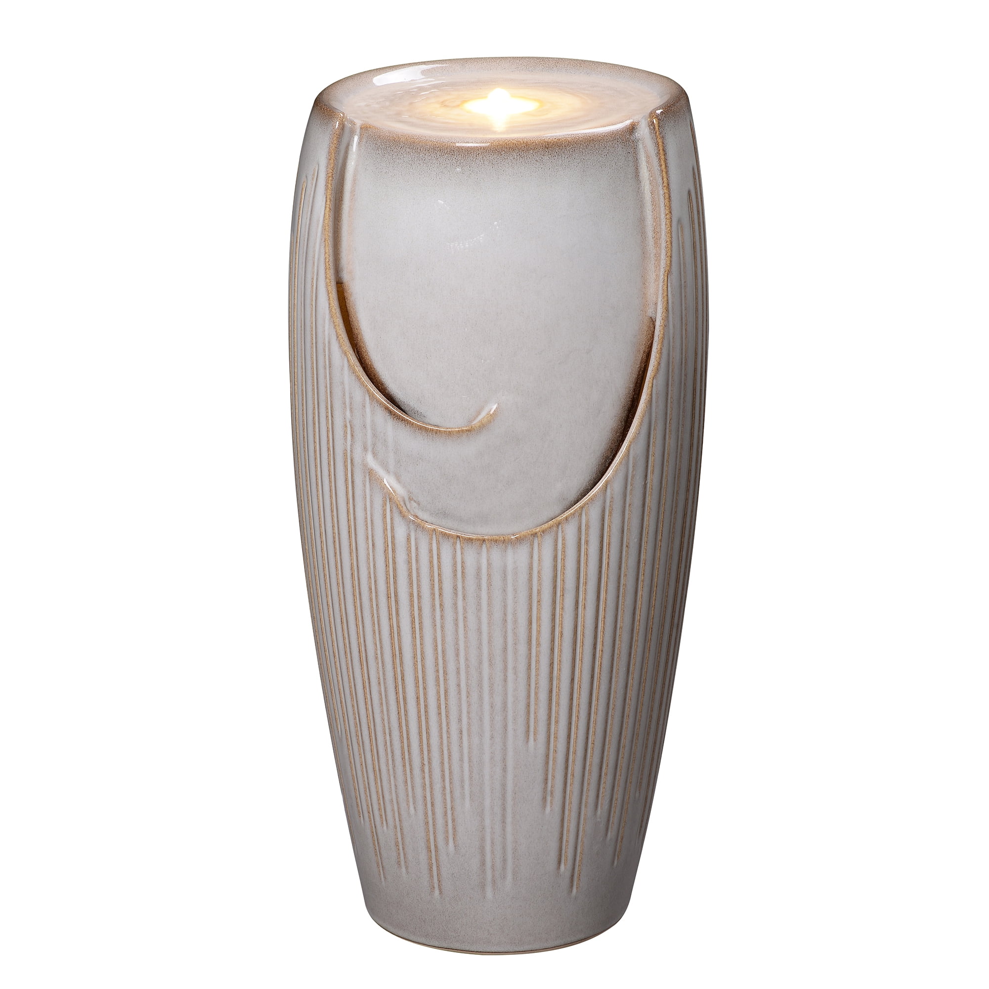 Ivory Ceramic Pillar Fountain, Decorative Water Fountain with LED Lights and Quiet Pump, Indoor Outdoor Water Feature for Patio, Garden, Deck, Balcony, Office and Home Décor