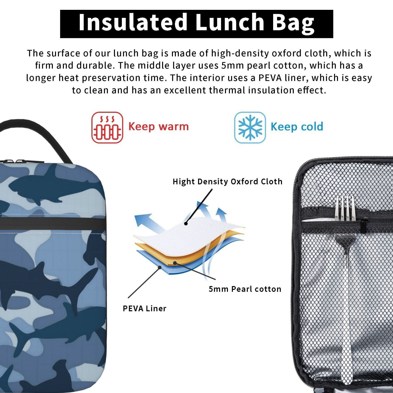 Lunch Bag For Women Men Insulated Portable Lunch Box Bento Box Office Picnic Travel Cooler Bag Camouflage-Patterned Shark